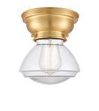 623-1F-SG-G322 1-Light 6.75" Satin Gold Flush Mount - Clear Olean Glass - LED Bulb - Dimmensions: 6.75 x 6.75 x 6.4 - Sloped Ceiling Compatible: No