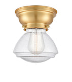 623-1F-SG-G324 1-Light 6.75" Satin Gold Flush Mount - Seedy Olean Glass - LED Bulb - Dimmensions: 6.75 x 6.75 x 6.4 - Sloped Ceiling Compatible: No