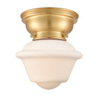 623-1F-SG-G531 1-Light 7.5" Satin Gold Flush Mount - Matte White Cased Small Oxford Glass - LED Bulb - Dimmensions: 7.5 x 7.5 x 7.15 - Sloped Ceiling Compatible: No