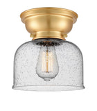 623-1F-SG-G74 1-Light 8" Satin Gold Flush Mount - Seedy Large Bell Glass - LED Bulb - Dimmensions: 8 x 8 x 7.875 - Sloped Ceiling Compatible: No