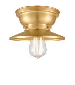 623-1F-SG-M4-SG 1-Light 8" Satin Gold Flush Mount - Satin Gold Railroad Shade - LED Bulb - Dimmensions: 8 x 8 x 3.4 - Sloped Ceiling Compatible: No