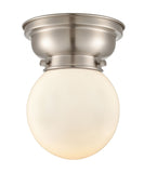 623-1F-SN-G201-6 1-Light 6.25" Brushed Satin Nickel Flush Mount - Matte White Cased Beacon Glass - LED Bulb - Dimmensions: 6.25 x 6.25 x 7.15 - Sloped Ceiling Compatible: No