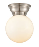 623-1F-SN-G201-8 1-Light 8" Brushed Satin Nickel Flush Mount - Matte White Cased Beacon Glass - LED Bulb - Dimmensions: 8 x 8 x 9.15 - Sloped Ceiling Compatible: No
