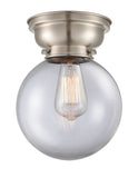 623-1F-SN-G202-8 1-Light 8" Brushed Satin Nickel Flush Mount - Clear Beacon Glass - LED Bulb - Dimmensions: 8 x 8 x 9.15 - Sloped Ceiling Compatible: No