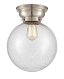 623-1F-SN-G204-10 1-Light 10" Brushed Satin Nickel Flush Mount - Seedy Beacon Glass - LED Bulb - Dimmensions: 10 x 10 x 11.15 - Sloped Ceiling Compatible: No