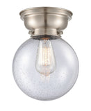 623-1F-SN-G204-8 1-Light 8" Brushed Satin Nickel Flush Mount - Seedy Beacon Glass - LED Bulb - Dimmensions: 8 x 8 x 9.15 - Sloped Ceiling Compatible: No