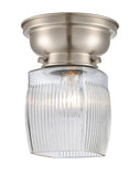 623-1F-SN-G302 1-Light 6.25" Brushed Satin Nickel Flush Mount - Thick Clear Halophane Colton Glass - LED Bulb - Dimmensions: 6.25 x 6.25 x 7.4 - Sloped Ceiling Compatible: No