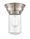 623-1F-SN-G312 1-Light 6.25" Brushed Satin Nickel Flush Mount - Clear Dover Glass - LED Bulb - Dimmensions: 6.25 x 6.25 x 7.9 - Sloped Ceiling Compatible: No
