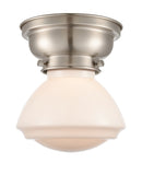 623-1F-SN-G321 1-Light 6.75" Brushed Satin Nickel Flush Mount - Matte White Olean Glass - LED Bulb - Dimmensions: 6.75 x 6.75 x 6.4 - Sloped Ceiling Compatible: No