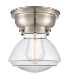 623-1F-SN-G322 1-Light 6.75" Brushed Satin Nickel Flush Mount - Clear Olean Glass - LED Bulb - Dimmensions: 6.75 x 6.75 x 6.4 - Sloped Ceiling Compatible: No