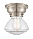 623-1F-SN-G324 1-Light 6.75" Brushed Satin Nickel Flush Mount - Seedy Olean Glass - LED Bulb - Dimmensions: 6.75 x 6.75 x 6.4 - Sloped Ceiling Compatible: No