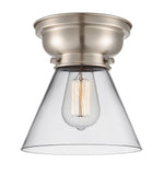 623-1F-SN-G42 1-Light 7.75" Brushed Satin Nickel Flush Mount - Clear Large Cone Glass - LED Bulb - Dimmensions: 7.75 x 7.75 x 7.4 - Sloped Ceiling Compatible: No