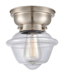 623-1F-SN-G532 1-Light 7.5" Brushed Satin Nickel Flush Mount - Clear Small Oxford Glass - LED Bulb - Dimmensions: 7.5 x 7.5 x 7.15 - Sloped Ceiling Compatible: No