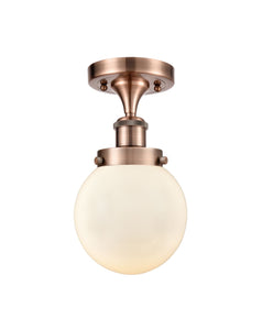 1-Light 6" Antique Copper Semi-Flush Mount - Matte White Cased Beacon Glass LED