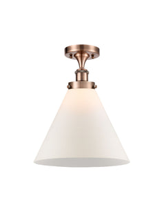 916-1C-AC-G41-L 1-Light 8" Antique Copper Semi-Flush Mount - Matte White Cased Cone 12" Glass - LED Bulb - Dimmensions: 8 x 8 x 13 - Sloped Ceiling Compatible: No