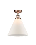 916-1C-AC-G41-L 1-Light 8" Antique Copper Semi-Flush Mount - Matte White Cased Cone 12" Glass - LED Bulb - Dimmensions: 8 x 8 x 13 - Sloped Ceiling Compatible: No