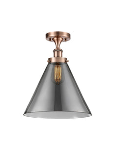 916-1C-AC-G43-L 1-Light 8" Antique Copper Semi-Flush Mount - Plated Smoke Cone 12" Glass - LED Bulb - Dimmensions: 8 x 8 x 13 - Sloped Ceiling Compatible: No
