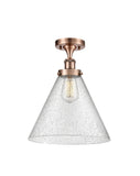 916-1C-AC-G44-L 1-Light 8" Antique Copper Semi-Flush Mount - Seedy Cone 12" Glass - LED Bulb - Dimmensions: 8 x 8 x 13 - Sloped Ceiling Compatible: No