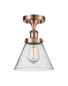 1-Light 8" Antique Copper Semi-Flush Mount - Seedy Large Cone Glass LED
