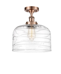 916-1C-AC-G713-L 1-Light 8" Antique Copper Semi-Flush Mount - Clear Deco Swirl X-Large Bell Glass - LED Bulb - Dimmensions: 8 x 8 x 13 - Sloped Ceiling Compatible: No
