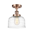 1-Light 8" Antique Copper Semi-Flush Mount - Clear Deco Swirl Large Bell Glass LED