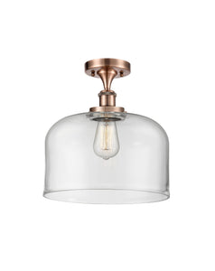 916-1C-AC-G72-L 1-Light 8" Antique Copper Semi-Flush Mount - Clear X-Large Bell Glass - LED Bulb - Dimmensions: 8 x 8 x 13 - Sloped Ceiling Compatible: No