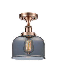 1-Light 8" Antique Copper Semi-Flush Mount - Plated Smoke Large Bell Glass LED