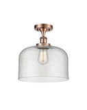 916-1C-AC-G74-L 1-Light 8" Antique Copper Semi-Flush Mount - Seedy X-Large Bell Glass - LED Bulb - Dimmensions: 8 x 8 x 13 - Sloped Ceiling Compatible: No