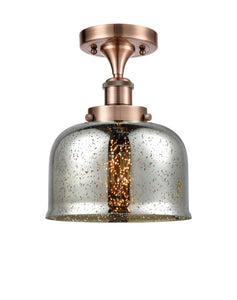 1-Light 8" Antique Copper Semi-Flush Mount - Silver Plated Mercury Large Bell Glass LED