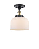 1-Light 8" Black Antique Brass Semi-Flush Mount - Matte White Cased Large Bell Glass LED