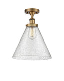 1-Light 8" Antique Copper Semi-Flush Mount - Seedy Cone 12" Glass LED