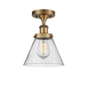 916-1C-BB-G44 1-Light 8" Brushed Brass Semi-Flush Mount - Seedy Large Cone Glass - LED Bulb - Dimmensions: 8 x 8 x 13 - Sloped Ceiling Compatible: No