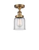916-1C-BB-G52 1-Light 5" Brushed Brass Semi-Flush Mount - Clear Small Bell Glass - LED Bulb - Dimmensions: 5 x 5 x 11 - Sloped Ceiling Compatible: No