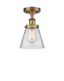 916-1C-BB-G62 1-Light 6" Brushed Brass Semi-Flush Mount - Clear Small Cone Glass - LED Bulb - Dimmensions: 6 x 6 x 11 - Sloped Ceiling Compatible: No