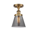 916-1C-BB-G63 1-Light 6" Brushed Brass Semi-Flush Mount - Plated Smoke Small Cone Glass - LED Bulb - Dimmensions: 6 x 6 x 11 - Sloped Ceiling Compatible: No