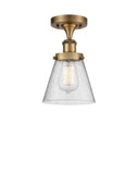 916-1C-BB-G64 1-Light 6" Brushed Brass Semi-Flush Mount - Seedy Small Cone Glass - LED Bulb - Dimmensions: 6 x 6 x 11 - Sloped Ceiling Compatible: No