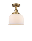 916-1C-BB-G71 1-Light 8" Brushed Brass Semi-Flush Mount - Matte White Cased Large Bell Glass - LED Bulb - Dimmensions: 8 x 8 x 13 - Sloped Ceiling Compatible: No