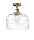 916-1C-BB-G713-L 1-Light 8" Brushed Brass Semi-Flush Mount - Clear Deco Swirl X-Large Bell Glass - LED Bulb - Dimmensions: 8 x 8 x 13 - Sloped Ceiling Compatible: No