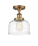 916-1C-BB-G713 1-Light 8" Brushed Brass Semi-Flush Mount - Clear Deco Swirl Large Bell Glass - LED Bulb - Dimmensions: 8 x 8 x 13 - Sloped Ceiling Compatible: No