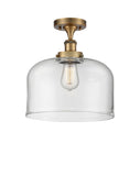 916-1C-BB-G72-L 1-Light 8" Brushed Brass Semi-Flush Mount - Clear X-Large Bell Glass - LED Bulb - Dimmensions: 8 x 8 x 13 - Sloped Ceiling Compatible: No