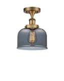 916-1C-BB-G73 1-Light 8" Brushed Brass Semi-Flush Mount - Plated Smoke Large Bell Glass - LED Bulb - Dimmensions: 8 x 8 x 13 - Sloped Ceiling Compatible: No