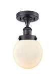 1-Light 6" Matte Black Semi-Flush Mount - Matte White Cased Beacon Glass - Choice of Finish And Incandesent Or LED Bulbs