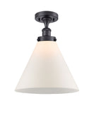 916-1C-BK-G41-L 1-Light 8" Matte Black Semi-Flush Mount - Matte White Cased Cone 12" Glass - LED Bulb - Dimmensions: 8 x 8 x 13 - Sloped Ceiling Compatible: No
