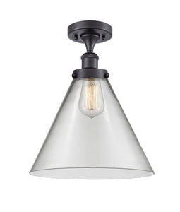 916-1C-AC-G42-L 1-Light 8" Antique Copper Semi-Flush Mount - Clear Cone 12" Glass - LED Bulb - Dimmensions: 8 x 8 x 13 - Sloped Ceiling Compatible: No