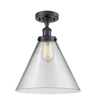 916-1C-BK-G42-L 1-Light 8" Matte Black Semi-Flush Mount - Clear Cone 12" Glass - LED Bulb - Dimmensions: 8 x 8 x 13 - Sloped Ceiling Compatible: No