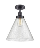 916-1C-BK-G44-L 1-Light 8" Matte Black Semi-Flush Mount - Seedy Cone 12" Glass - LED Bulb - Dimmensions: 8 x 8 x 13 - Sloped Ceiling Compatible: No
