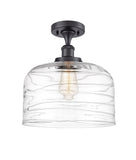 916-1C-BK-G713-L 1-Light 8" Matte Black Semi-Flush Mount - Clear Deco Swirl X-Large Bell Glass - LED Bulb - Dimmensions: 8 x 8 x 13 - Sloped Ceiling Compatible: No