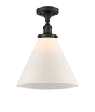 916-1C-OB-G41-L 1-Light 8" Oil Rubbed Bronze Semi-Flush Mount - Matte White Cased Cone 12" Glass - LED Bulb - Dimmensions: 8 x 8 x 13 - Sloped Ceiling Compatible: No