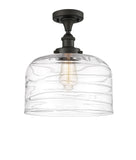 916-1C-OB-G713-L 1-Light 8" Oil Rubbed Bronze Semi-Flush Mount - Clear Deco Swirl X-Large Bell Glass - LED Bulb - Dimmensions: 8 x 8 x 13 - Sloped Ceiling Compatible: No
