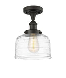 916-1C-OB-G713 1-Light 8" Oil Rubbed Bronze Semi-Flush Mount - Clear Deco Swirl Large Bell Glass - LED Bulb - Dimmensions: 8 x 8 x 13 - Sloped Ceiling Compatible: No